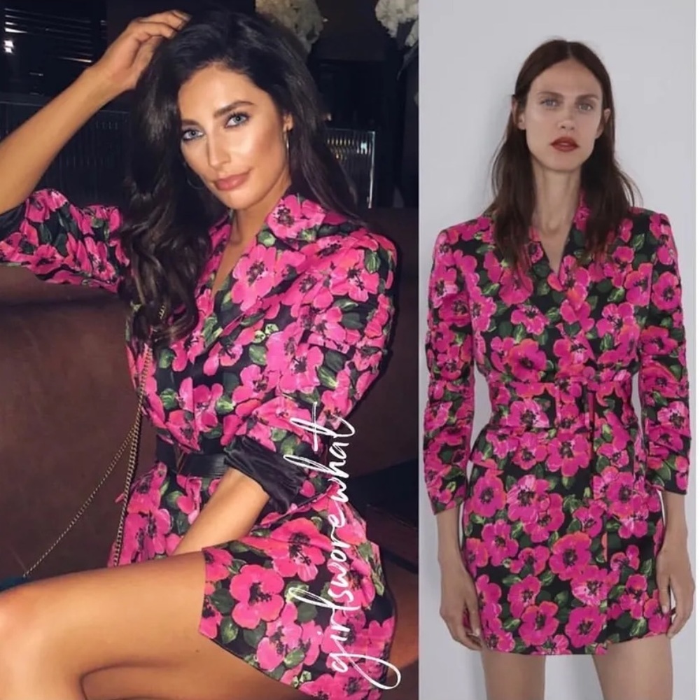 Zara Floral Print LONG SLEEVE Dress Blazer BELTED Size M NEW